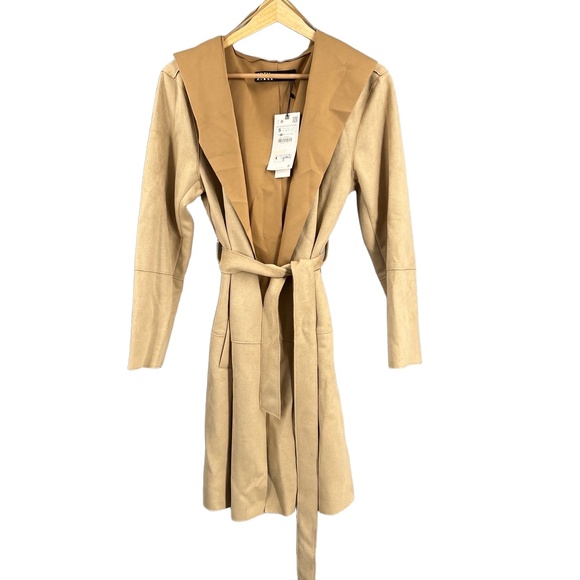 Zara Jackets & Blazers - Zara Coat Camel Hooded Faux Suede Open Front Belted Pockets Size Small New